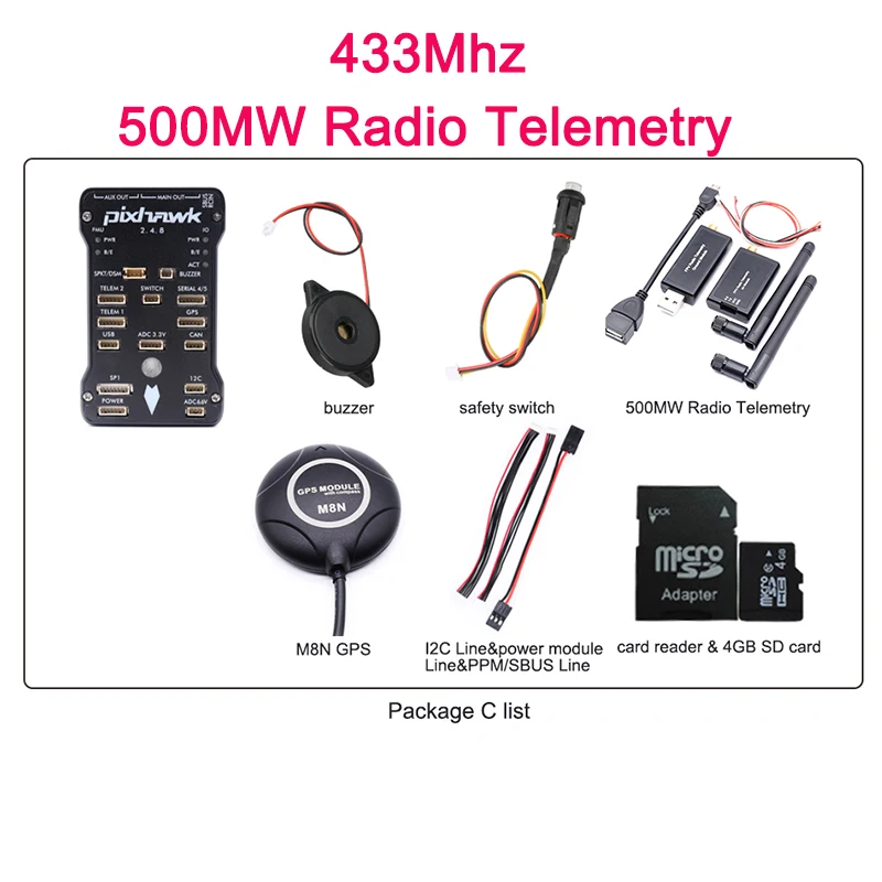Pixhawk 2.4.8 PX4 PIX 32 бит Контроллер полета+ M8N gps 3DR 100 мВт/500 МВт радиотелеметрия 433 МГц 915 МГц с 4G SD переключатель зуммер - Цвет: 433Mhz 500 PackageD
