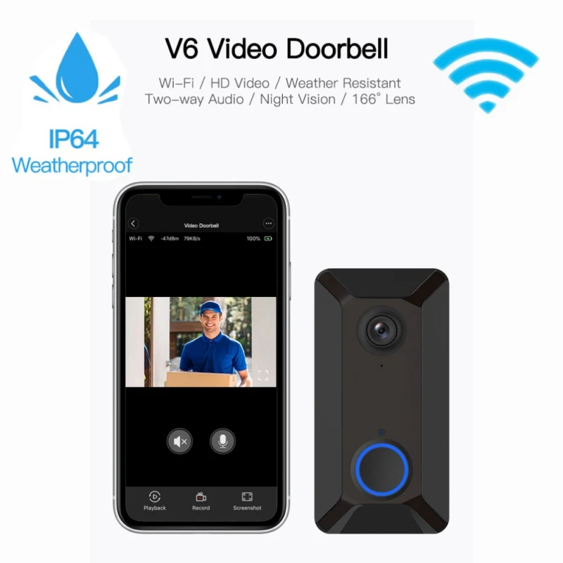 Cheap V6 wifi Doorbell Smart Wireless 720P video camera Cloud storage door bell cam waterproof home security house bell Gray