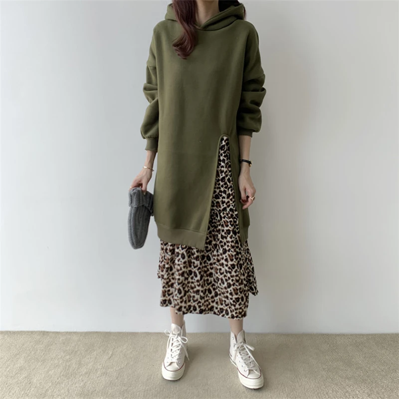 Hed3d1c59cb6647a4999c6e46263e7d43M - Spring / Autumn O-Neck Long Sleeves Hooded Fake Two-Piece Leopard Print Midi Dress