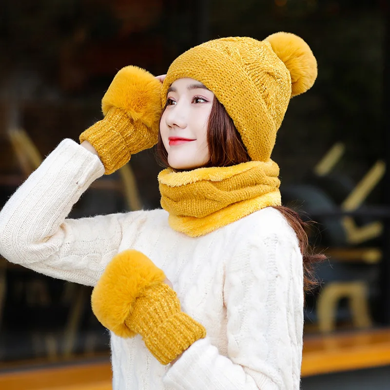yellow Зимняя шапка и шарф-перчатка, комплект для женщин, вязаная шерстяная шапочка для девочек, шарф с кольцом, хлопковый женский головной убор и шарфы, теплые перчатки - Цвет: yellow
