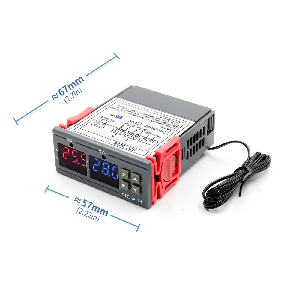 Termoregolatore Digitale STC-3018 Con Sensore Esterno Da 1m, Tensione Universale 12V/24V/110V-220VAC, Doppio Display, Controllo Temperatura Da -55°C A 120°C, Per Refrigerazione E Riscaldamento