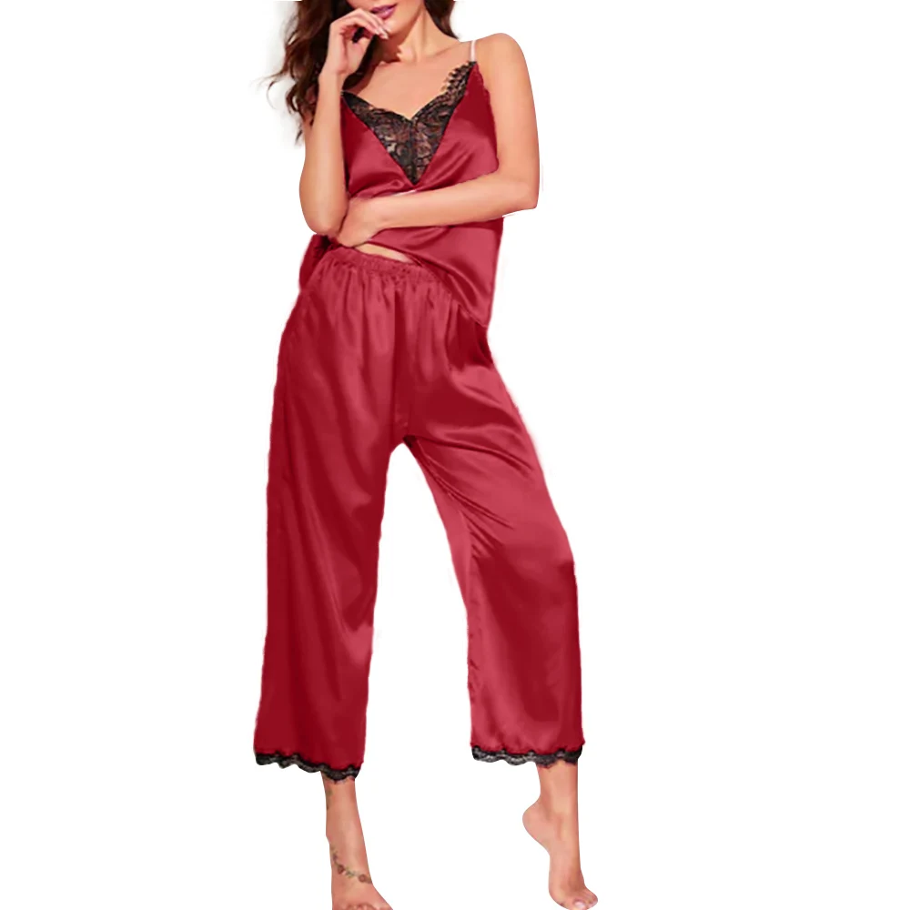 

Women Pyjamas 2pcs Set Solid Colour Spaghetti Strap Tops And Long Pant Lace Satin Silk Sleepwear Female Sexy pijamas mujer D30