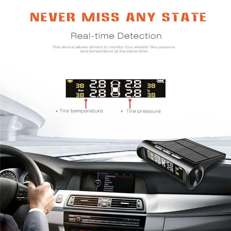 Автомобильная TPMS система контроля давления в шинах Беспроводная Солнечная энергия Быстрая зарядка цифровой ЖК-дисплей Автоматическая охранная сигнализация s
