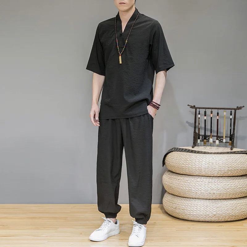 

Костюм спортивный мужской из 2 предметов, Тонкие штаны, повседневный охлаждающий шелк, большие размеры, лето 2022