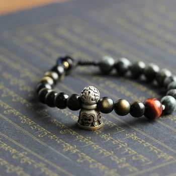 

8mm Eagle Eye Stone With Golden Obsidian Tibetan Totem Vajra Charm Buddhism Handbraided Lucky Knots Bracelet Men Women OM Bangle