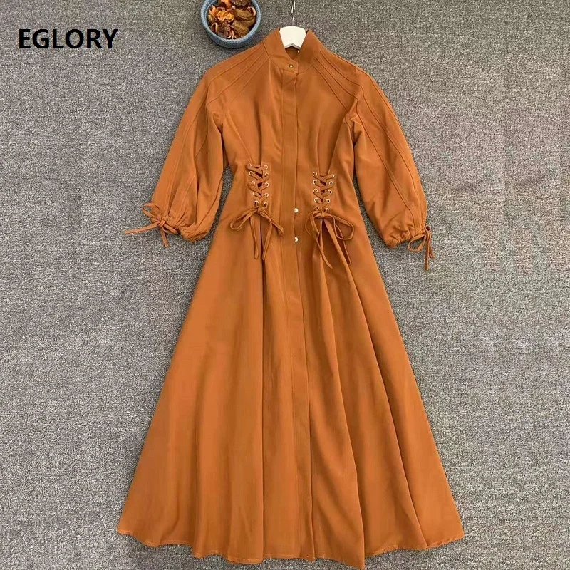 

High Quality Designer Autumn Dress 2019 Fashion Style Women Stand Neck Cross String 3/4 Sleeve Mid-Calf Length Brown Dress Festa