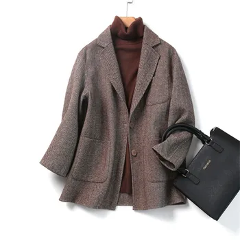 

Handmade Herringbone Pattern Autumn And Winter Japanese Casual 2020 New Loose Suit Collar Single Breasted Woolen Coat Women B085