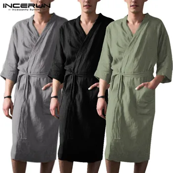 

INCERUN Fashion Sexy Women Night Dress Kimono Men Pure Color 3/4 Sleeve Sleepwear Cotton Linen Casual Belted Pajama Robe
