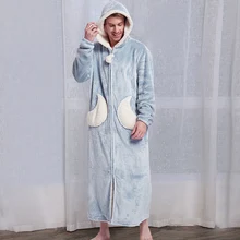 Длинное теплое плотное Фланелевое кимоно из рунной шерсти для мужчин и женщин, банный халат со звездами и луной, темно-синий банный халат с капюшоном, пижама с застежкой-молнией, ночная сорочка, платье