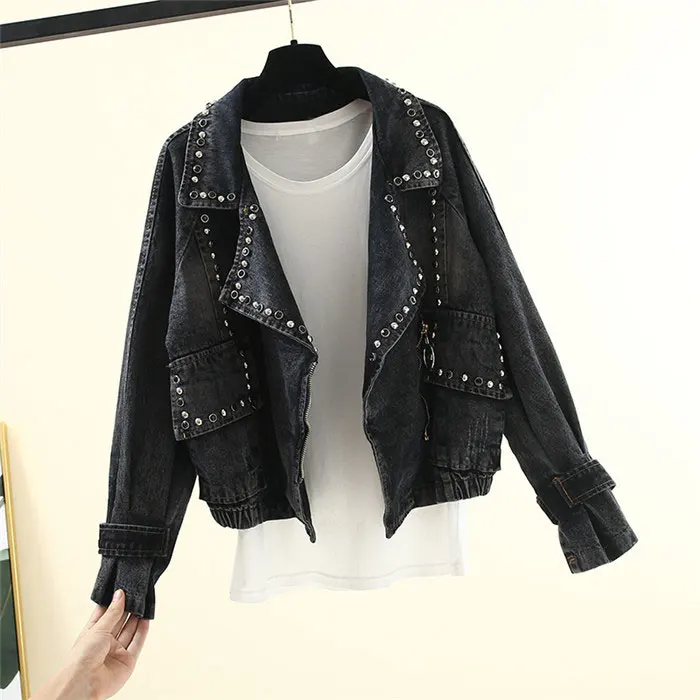 Chaquetas Mujer крутая куртка с бисером Женское пальто Джинсовая BF куртка-бомбер женское джинсовое Пальто Harajuku Свободные укороченные топы размера плюс
