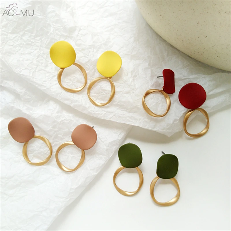 

AOMU Trend Irregular Metal Colorful Geometric Hollow Round Circle Dripping Oil Shell Drop Dangle Earrings for Women Gift Bijoux