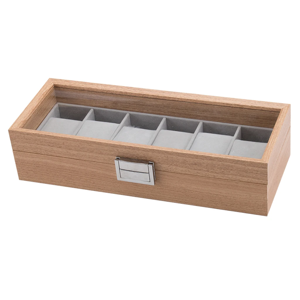 6 Slots Watch Display Case Wooden Glass Top Jewelry Storage Organizer Box
