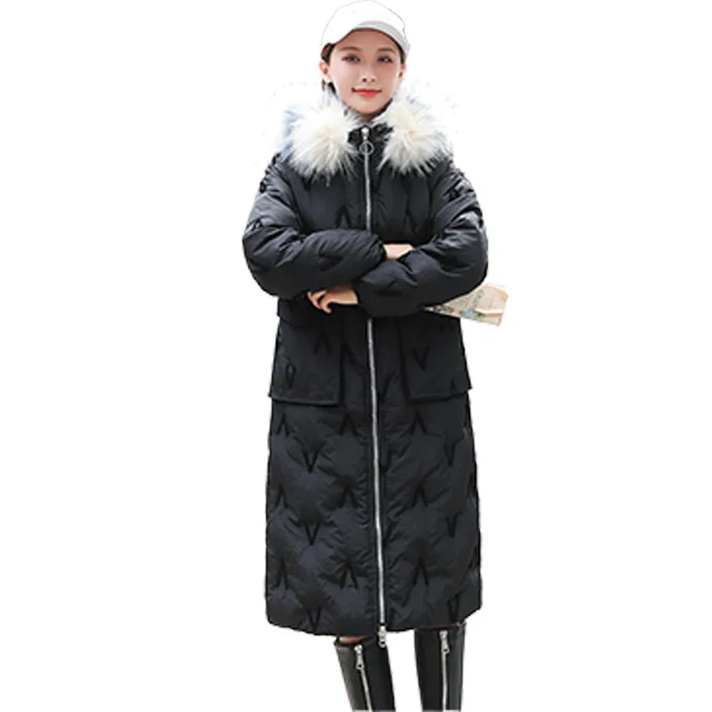 Новое зимнее пальто женское свободное плотное теплое с капюшоном большой меховой воротник Женская парка черная длинная Хлопковая женская куртка белая верхняя одежда