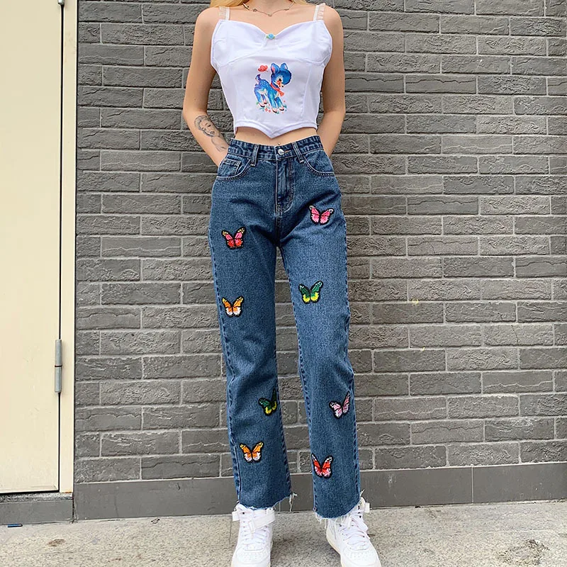 2020 High Waist Girlish Style Jeans Woman Long Trousers Cowboy Female Loose Streetwear Butterfly Embroidered Straight Pants 2020 High Waist Girlish Style Jeans Woman Long Trousers Cowboy Female Loose Streetwear Butterfly Embroidered Straight Pants