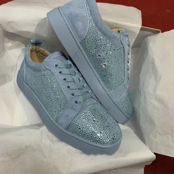 

Lace Up Red bottoms Shoe For Men blue leather Rhinestone diamond Rivet casual Low Cut Sneakers Flat Loafers Footwear