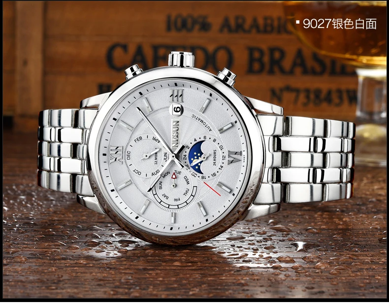 Швейцарские часы для мужчин Nesun люксовый бренд Мужские часы автоматические механические сапфировые часы с фазой Луны светящиеся водонепроницаемые N9027-6