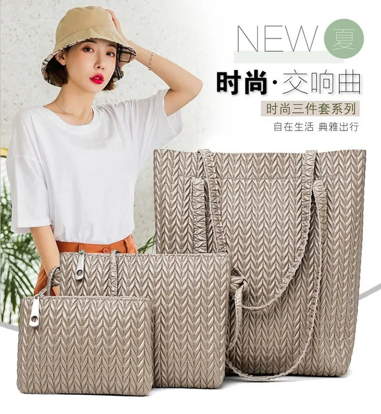 

WOMEN'S Bag 2018 New Style Different Size Bags Three-piece Set Woven Pattern Big Bag Mommy Bag Handbag Shoulder Oblique Bag