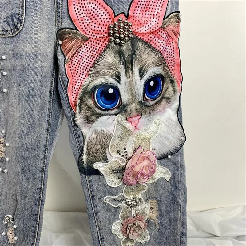 Women Print Cartoon Cat Denim Jumpsuits Rompers Overalls New Hole Loose Beaded Jean Pants Female Casual Long Pants Women Print Cartoon Cat Denim Jumpsuits Rompers Overalls New Hole Loose Beaded Jean Pants Female Casual Long Pants