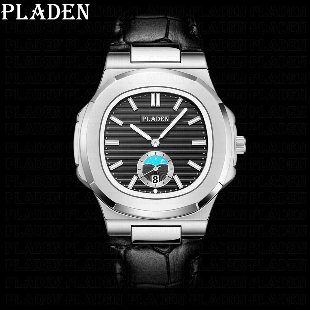 

PLADDEN Men's Quartz Moon Phase WristWatch Waterproof Top Brand Leather Automatic Date Mens watches Sapphire Relogio Masculino