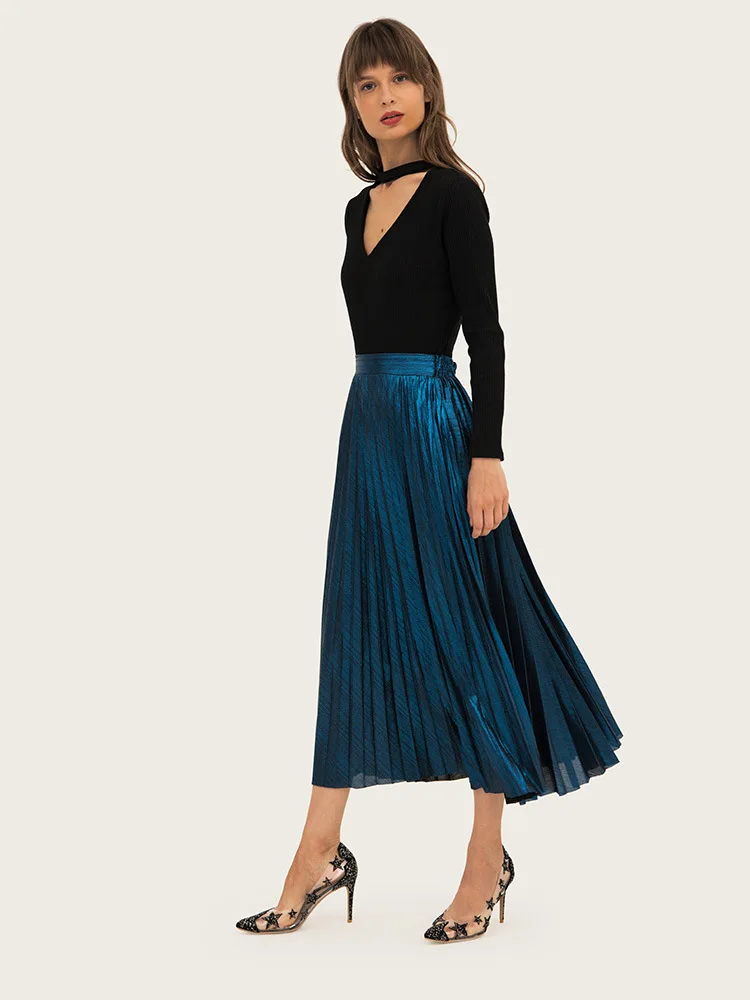 New Fashion High Waist Bronzing Elastic Pleat Half-length Basic Autumn And Winter Bottoming Skirt Casual Female Long Skirt