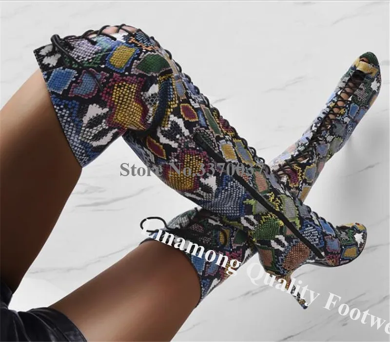 Western Style Peep Toe Mixed-colors Snake Leather Over Knee Gladiator Boots Lace-up Thigh High Long High Heel Boots Dress Heels