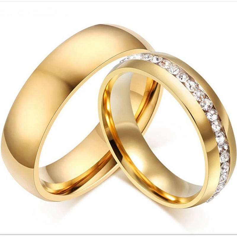 Gold Color Lover Crystal Stainless Steel Rings For Men Women Wedding Band Engrave Name Charm Gift crystal rings gold rings wedding rings couple rings stainless steel rings finger rings metal rings