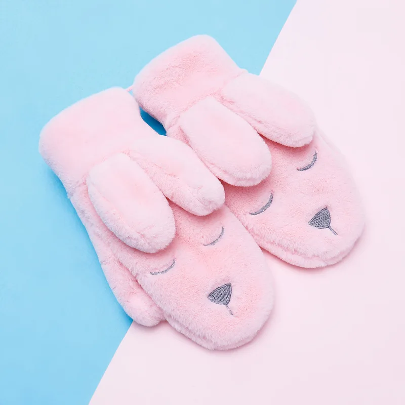 Зимние рукавицы Мультфильмы для детей девочек с кроличьим мехом теплые перчатки толстые плюшевые Висячие шеи корейские милые перчатки для девочек коралловый флис