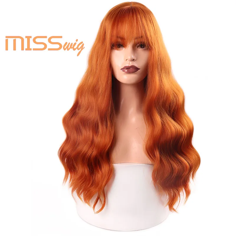 Comprar MISS peluca pelucas onduladas largas para mujeres negras pelo sintético africano americano pelucas marrones anaranjadas con flequillo peluca resistente al calor