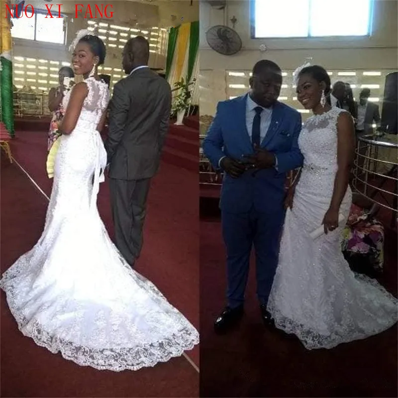 

2020 New Arrival African Lace Vintage Mermaid Wedding Dress Crystal Plus Size Wedding Gowns Bling Court Train robes de mariйe
