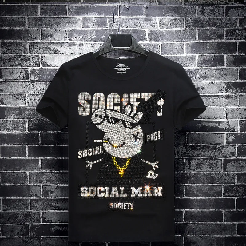 

Peppa Pig T-Shirt Summer Men's Hot Drilling Short-Sleeved T-shirt Youth Social Guy Large Size Black White Clothes