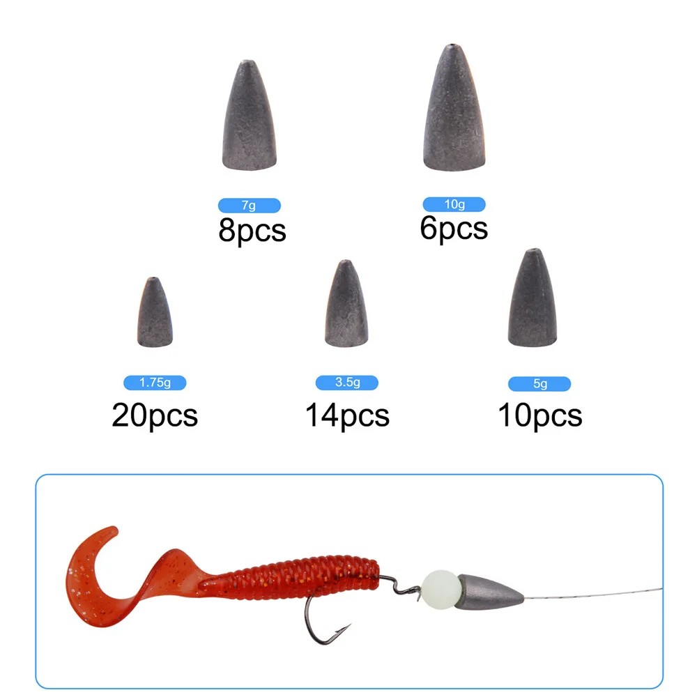 

58pcs/set Fishing lead Sinker For Plastic Worm Texas Rig kit bullet Shaped Weights for jig fishing Casting Sinkers