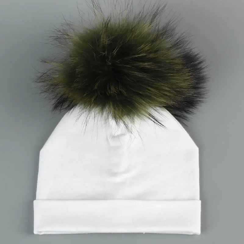 Мягкие теплые хлопковые шапочки Skullies Beanies для новорожденных мальчиков, Детские хлопковые шапочки с помпоном из натурального меха для девочек - Цвет: White Green