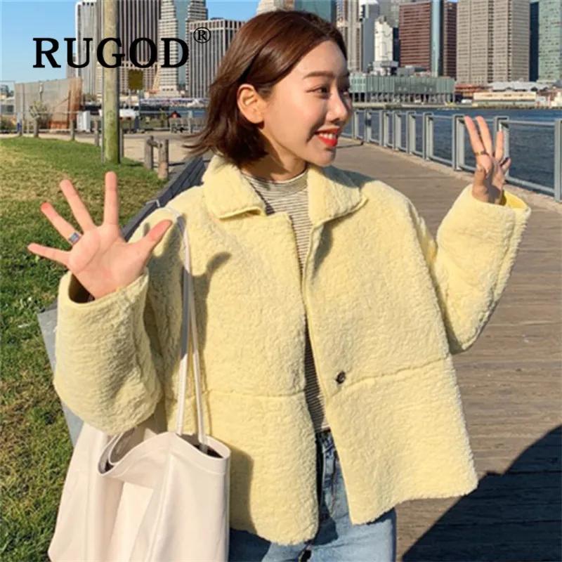 RUGOD корейский стиль Шикарный сплошной цвет отложной воротник укороченная куртка Зимние Топы для женщин Мода