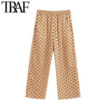 

TRAF Women Chic Fashion Geometric Print Pants Vintage High Elastic Waist Side Pockets Female Ankle Trousers Pantalones