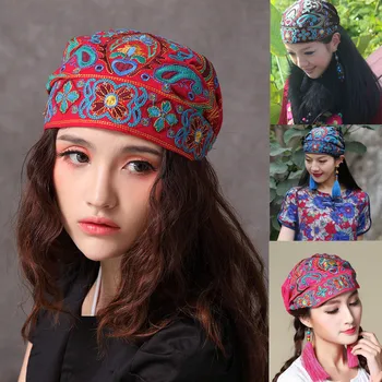 

In Stock New Mexican Style Women Ethnic Vintage Embroidery Flowers Bandanas Red Print Hat Spring Autumn Winter Hats Women