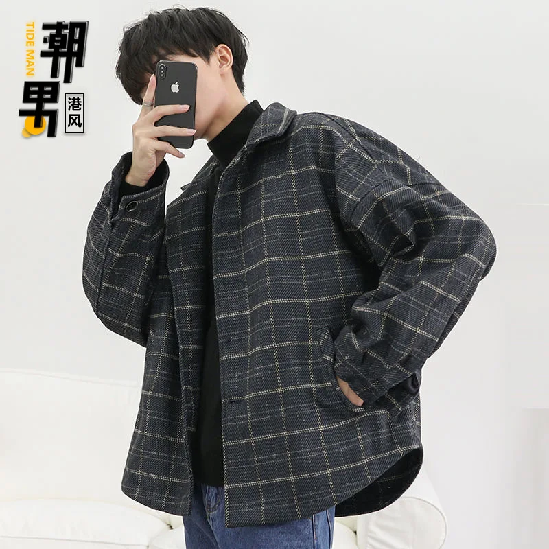 

Hong Kong Style Woolen Jacket Men's Trend Loose Autumn And Winter Thick Warm Plaid Fold-down Collar Trend Jacket