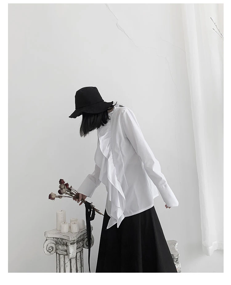 New Korean Style Women Long Sleeve Solid White Black Blouse Shirt Vertical Ruffles Ladies Stylish Casual Blouses 1207B-04