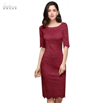 

Elegant Burgundy Lace Mother Of The Bride Dresses O Neck Knee length Half Sleeves Wedding Party Dresses Vestido De Madrinha
