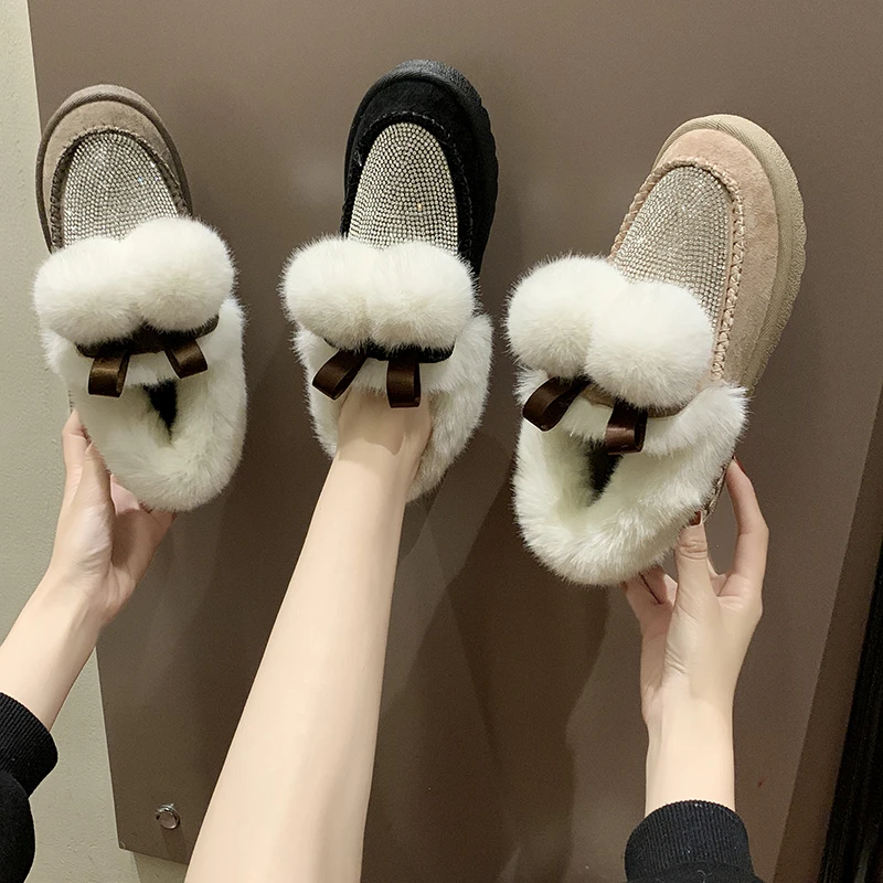 Winter new warm platform women's shoes with fur Rhinestone round head black flat shoes khaki soft brand design shoes q142