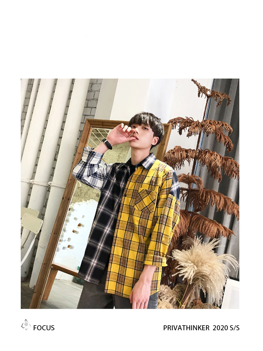 Korean Plaid Shirts For Men Fashion Patchwork Long Sleeve Casual Shirt Hip Hop Streetwear Man Blouse