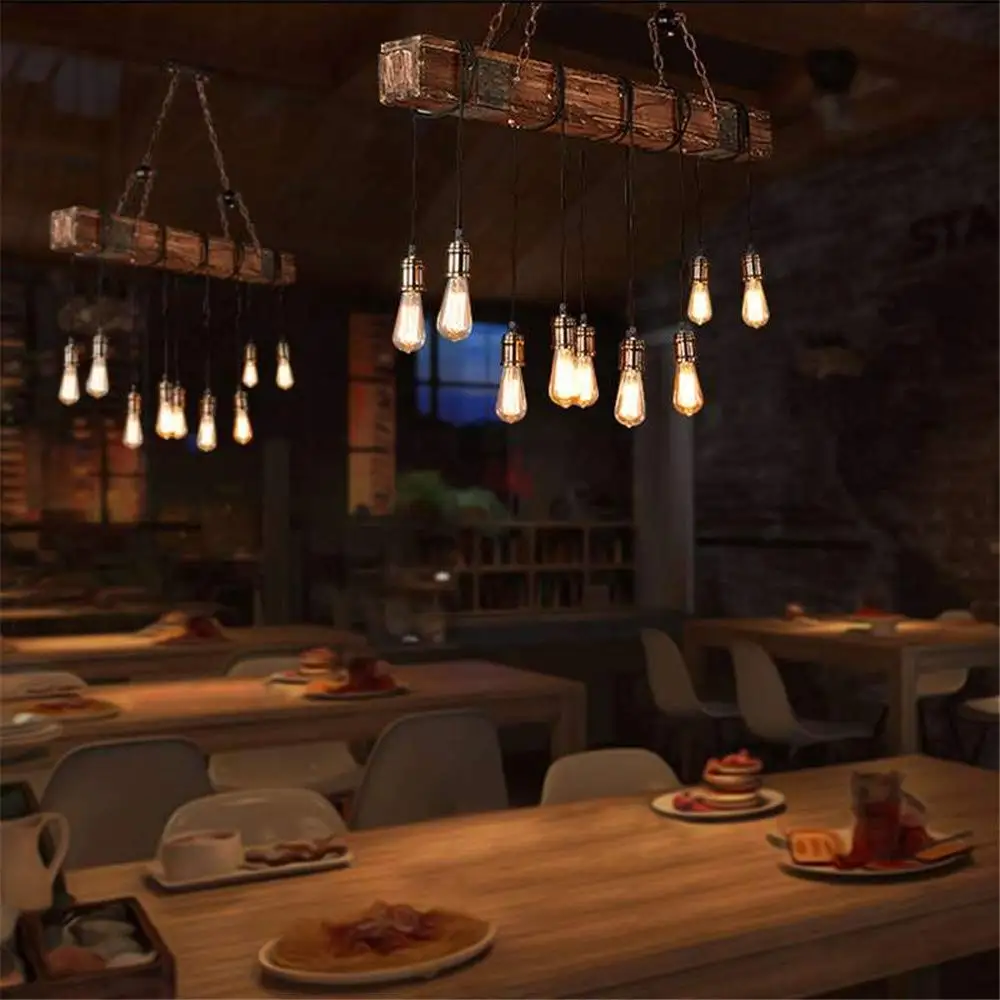 Hanging Antique Farmhouse Wood Beam Island with 10 Edison Bulb Home Kitchen Restaurant Decorations