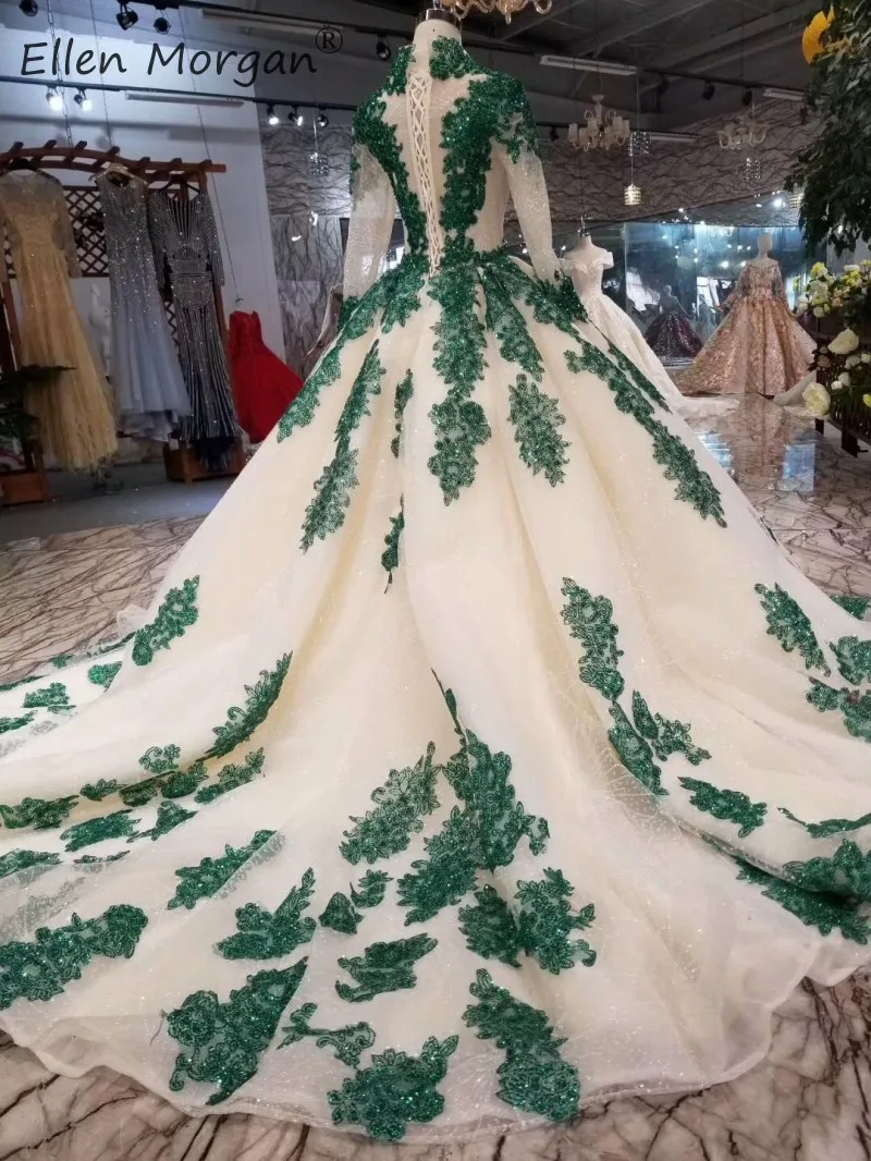 Винтажное арабское мусульманское свадебное платье, темно-зеленое, с длинным рукавом, с аппликацией из блесток, официальное платье невесты, Vestido De Novia для женщин