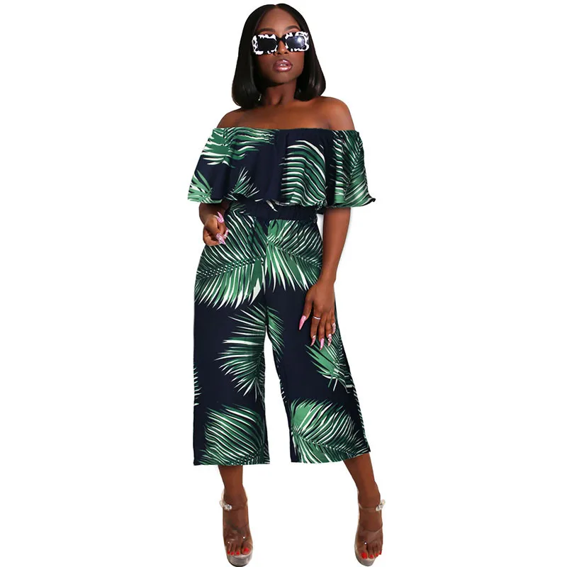 Sexy Off Shoulder Overalls for Women Romper Summer Jumpsuit Ruffles Slash Neck Beachwear Loose Boho Print Jumpsuit Combinaison