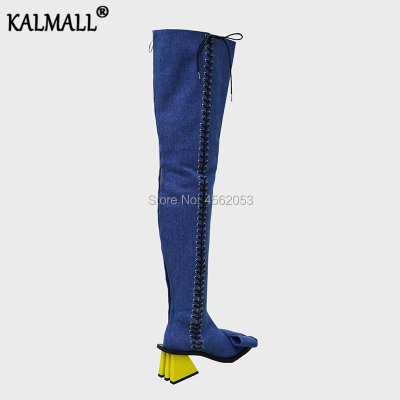 KALMALL/синие, черные высокие сапоги с острым носком; Botas Mujer; обувь для подиума с перекрестной шнуровкой; женские желтые высокие сапоги до бедра на среднем каблуке с бантом