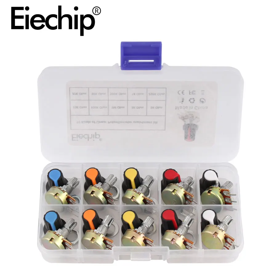 

WH148 Potentiometer Kit B1K 2K 5K 10K 20K 50K 100K 500K 1M 15mm Linear Taper Rotary Potentiometer Resistor Set 3pin With Cap