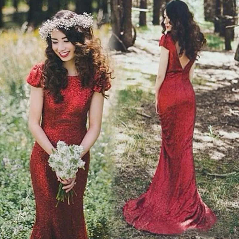 

Elegant Red Mermaid Sequin Bridesmaid Dress Cap Sleeve Backless vestido longo Wedding Party 2020 Prom Gown