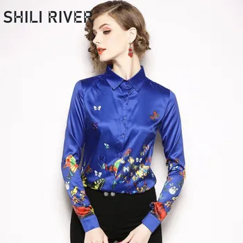

New 2020 spring autumn designer fall tops for women long sleeve blouse slim casual elegant floral print vintage blue lapel shirt