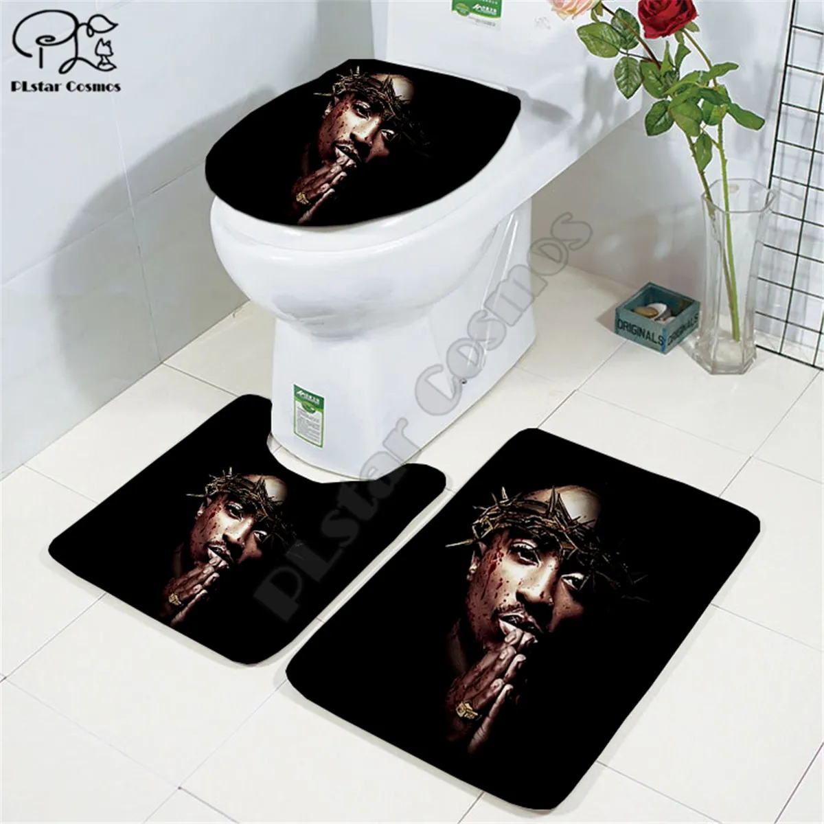 

2Pac Character pattern Stitch 3D printed Bathroom Pedestal Rug Lid Toilet Cover Bath Mat Set drop shipping style-3