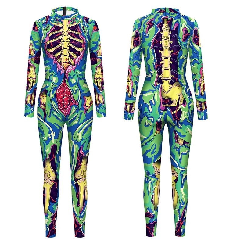 Zombie Costume Skeleton Halloween Costumes for Women Adult Green Bodysuit Plus Size Scary Sexy Bodysuit Carnival Party