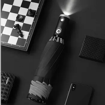 

Automatic Umbrella With Reflective Stripe Reverse Led Light Umbrella Three Folding Inverted 10 Ribs Windproof Umbrellas Travel